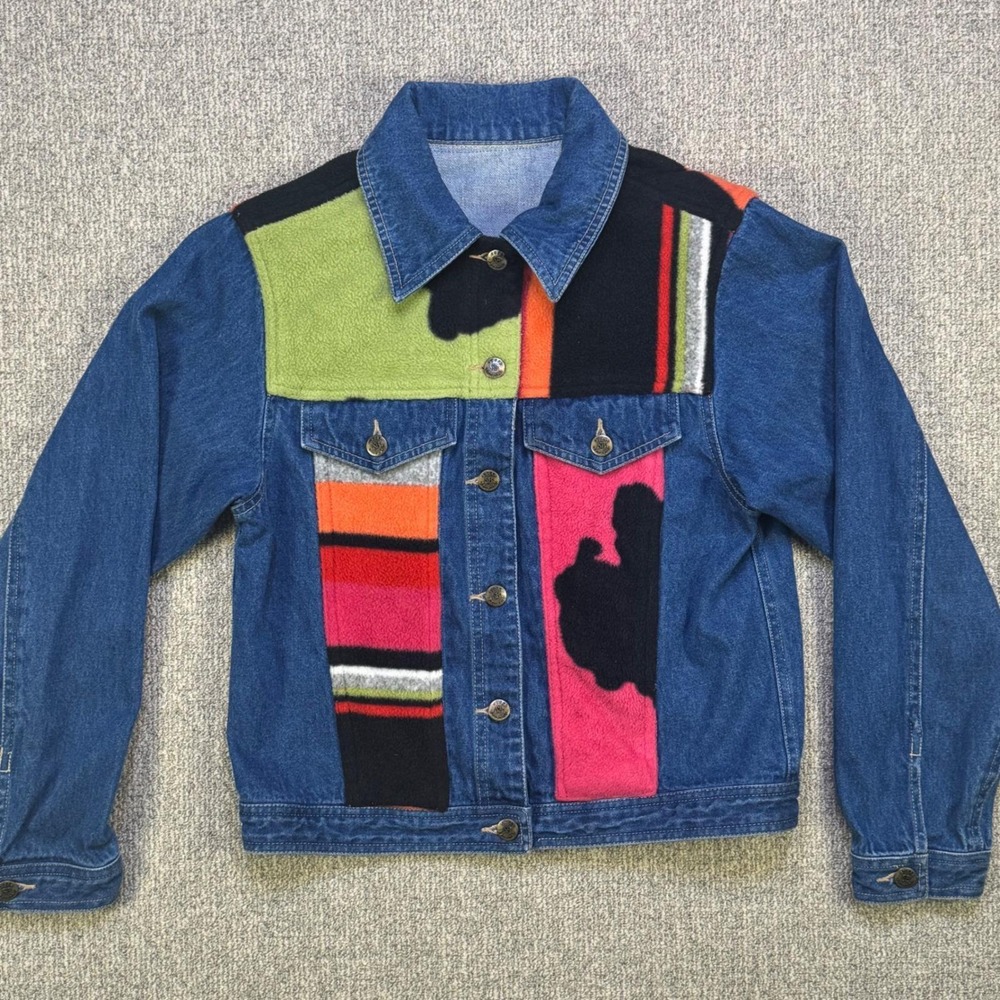 Susan Bristol Denim Patchwork Jacket Fleece Panels Multi Color Vintage Style